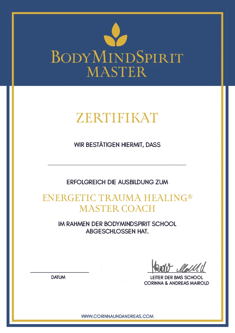 Zertifikat erfolgreichen Ausbildung zum energetischen Master Coach & Energetic Trauma Healing Coach