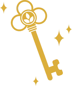 Illustration eines Goldenen Schlüssels auf dem das Corinna & Andreas Logo ist mit Sternen im Hintergrund